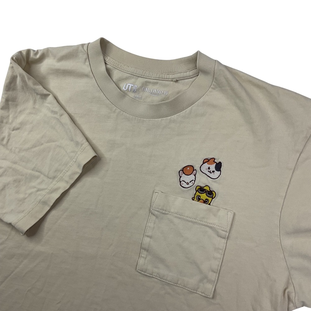 Final Fantasy XIV Fat Cat UT Uniqlo T-Shirt Sz M Chocobo Moogle Tan Embroidered